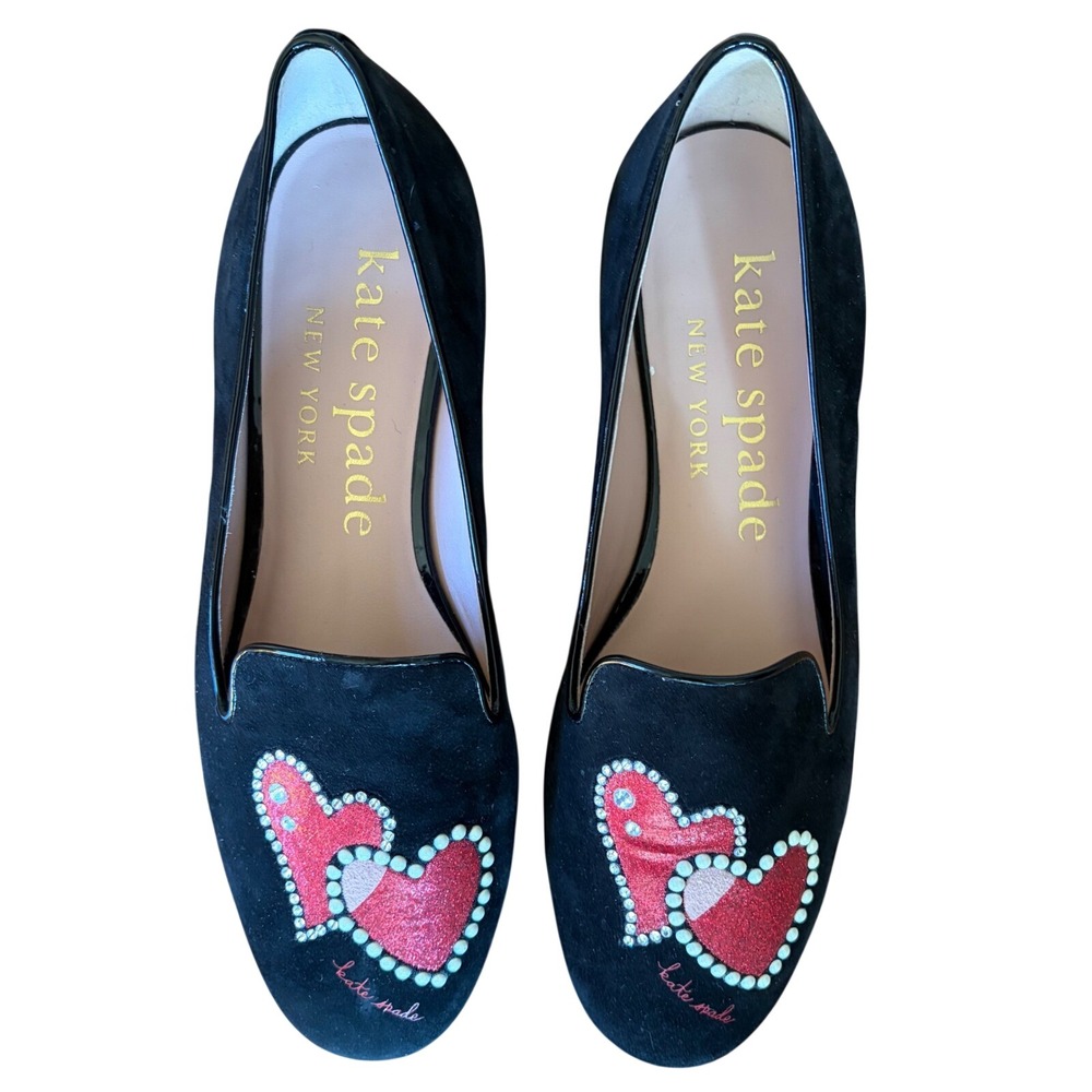 Kate Spade Lounge Hearts Black Red Suede Flats Size 8 Valentine's Coquette